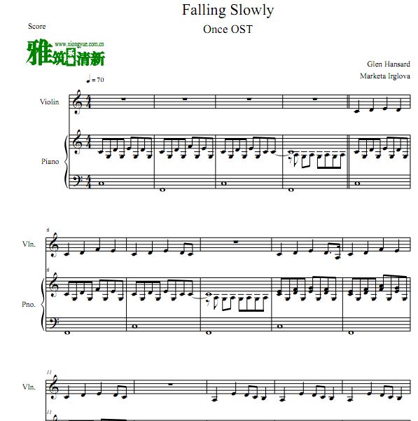 Once插曲 Falling Slowly小提琴钢琴合奏谱