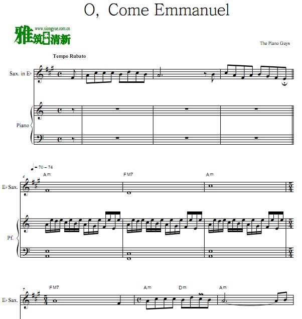 上帝与我们同在 O,Come Emmanuel萨克斯钢琴二重奏谱
