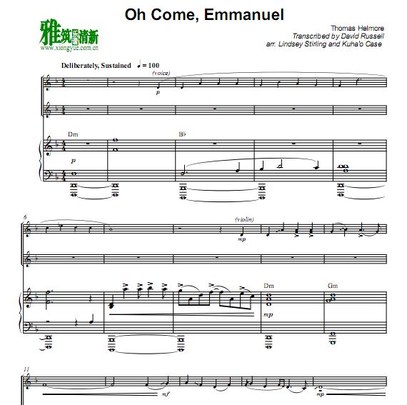 Lindsey Stirling 上帝与我们同在Oh Come, Emmanuel 小提琴钢琴谱