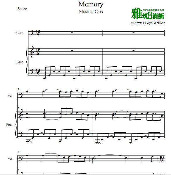 音乐剧猫Cat - Memory  C调大提琴钢琴二重奏谱