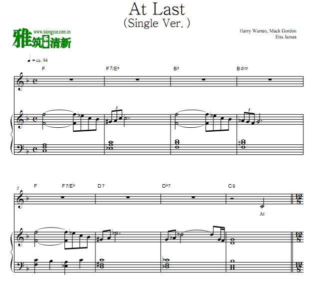 Etta James - At Last (Single Ver.)声乐歌谱 伴奏弹唱钢琴谱