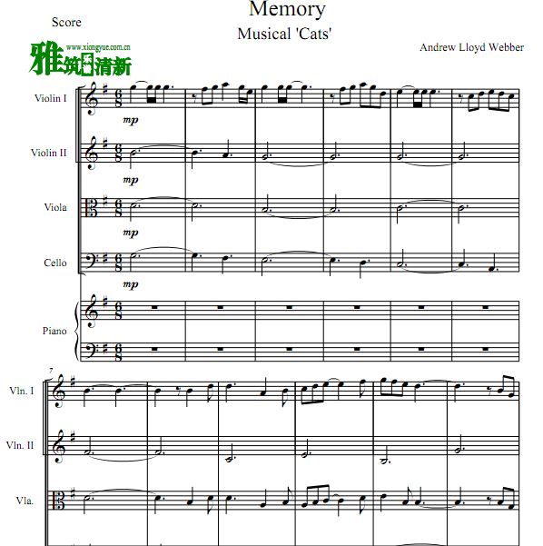 音乐剧猫cats - Memory钢琴五重奏谱 小提琴中提琴大提琴钢琴合奏谱