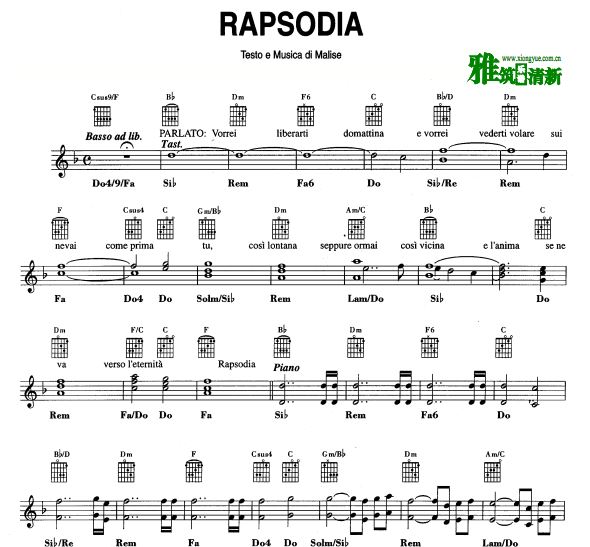 Andrea Bocelli - Rapsodia声乐吉他伴奏谱