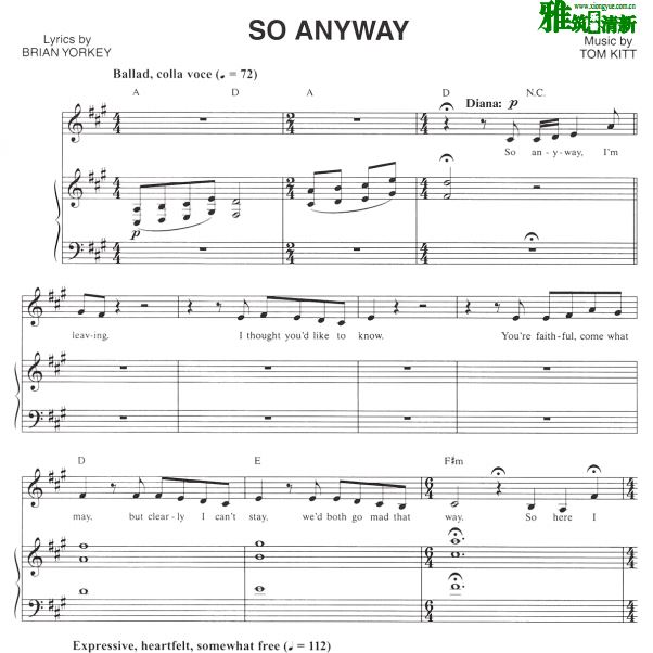 近乎正常 Next to Normal - SO ANYWAY声乐歌谱 钢琴伴奏谱