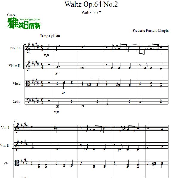 肖邦 升C小调圆舞曲 Waltz in C Sharp Minor Op. 64 No. 2弦乐四重奏谱