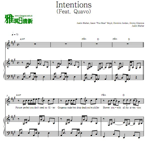 Justin Bieber - Intentions钢琴伴奏歌谱 (Feat. Quavo)