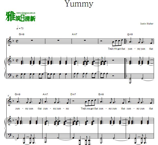 Justin Bieber - Yummy弹唱伴奏钢琴谱 歌谱