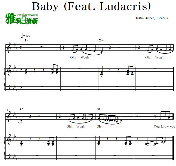 Justin Bieber - Baby钢琴弹唱谱 歌谱 (Feat. Ludacris)