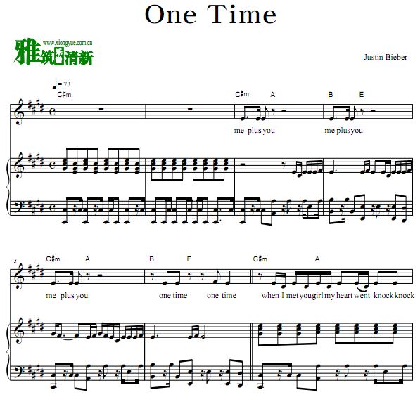 Justin Bieber - One Time弹唱伴奏钢琴谱 歌谱