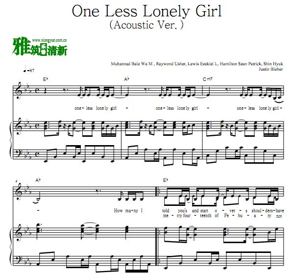 Justin Bieber - One Less Lonely Girl (Acoustic Ver.)歌谱 弹唱钢琴谱