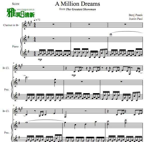 马戏之王 A Million Dreams单簧管钢琴重奏谱