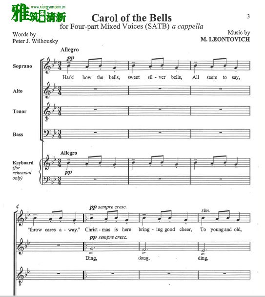 Carol of the Bells 四声部阿卡贝拉合唱谱