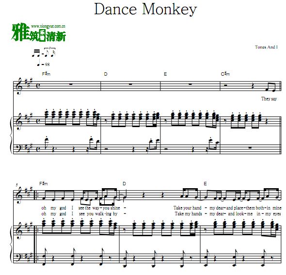 Tones And I - Dance Monkey弹唱钢琴谱 歌谱