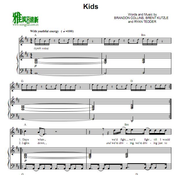 One republic - Kids钢琴伴奏谱