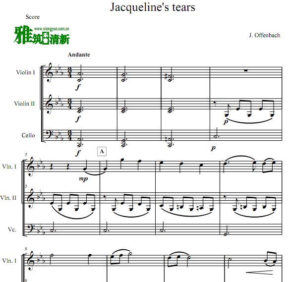 杰奎琳的眼泪 Jacqueline's Tears双小提一大提琴弦乐三重奏谱