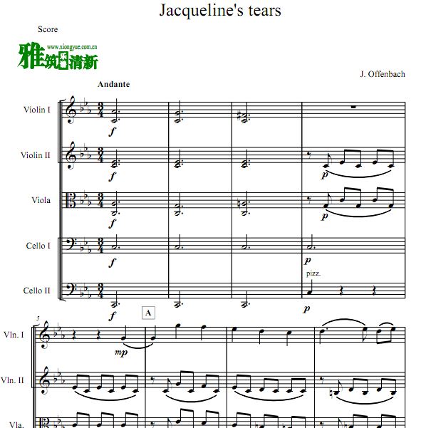 杰奎琳的眼泪 Jacqueline's Tears双小提中提双大提琴合奏谱 弦乐五重奏谱