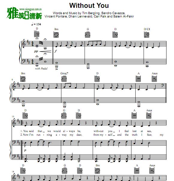 Avicii feat. Sandro Cavazza - Without You钢琴伴奏弹唱歌谱