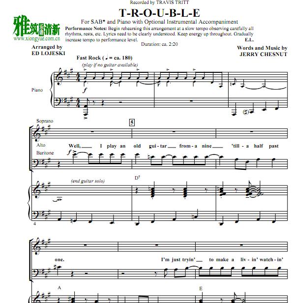 T-R-O-U-B-L-E三声部合唱钢琴伴奏谱