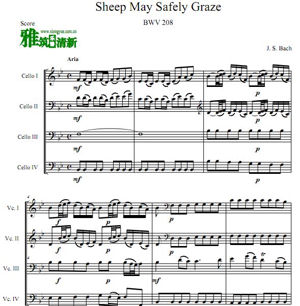 巴赫 羊儿在安静地吃草 Sheep May Safely Graze BWV 208 大提琴四重奏谱