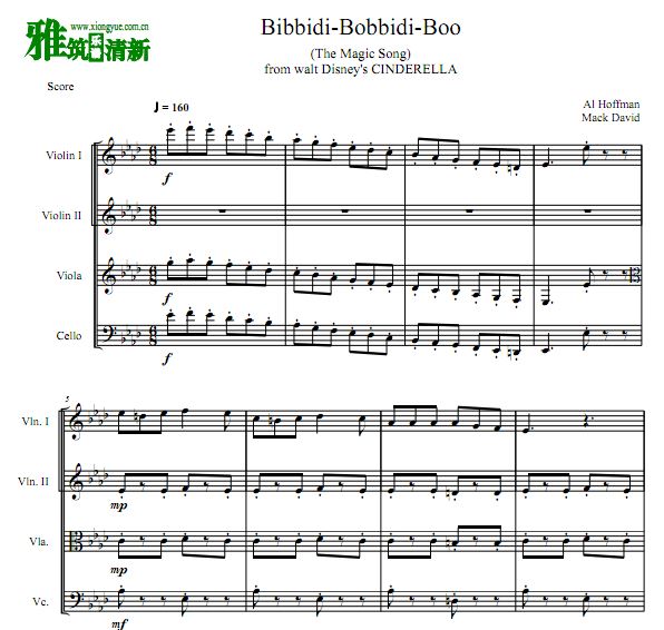 灰姑娘 Bibbidi-Bobbidi-Boo(The Magic Song)弦乐四重奏谱