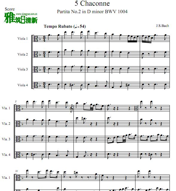 巴赫 d小调恰空舞曲 Chaconne中提琴四重奏谱