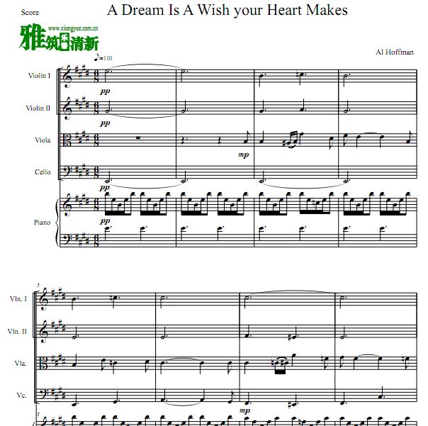 灰姑娘 Cinderella - A Dream Is A Wish Your Heart Makes弦乐四重奏钢琴伴奏谱