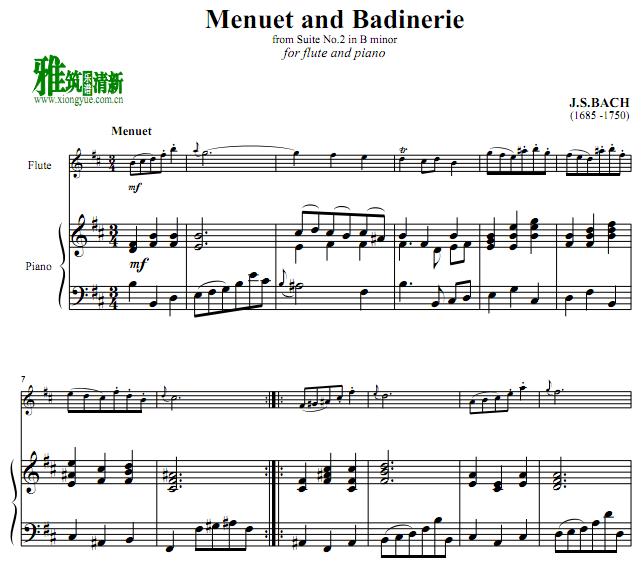 巴赫 Menuet and Badinerie长笛钢琴伴奏谱
