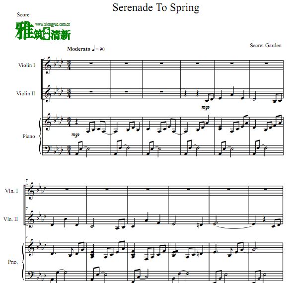 Secret Garden - 春之小夜曲 Serenade To Spring双小提琴钢琴三重奏谱