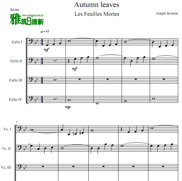 秋叶 Autumn Leaves大提琴四重奏谱