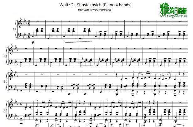 肖斯塔科维奇第二圆舞曲钢琴四手联弹谱