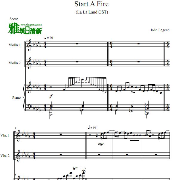 la la land - Start A Fire双小提琴钢琴合奏谱
