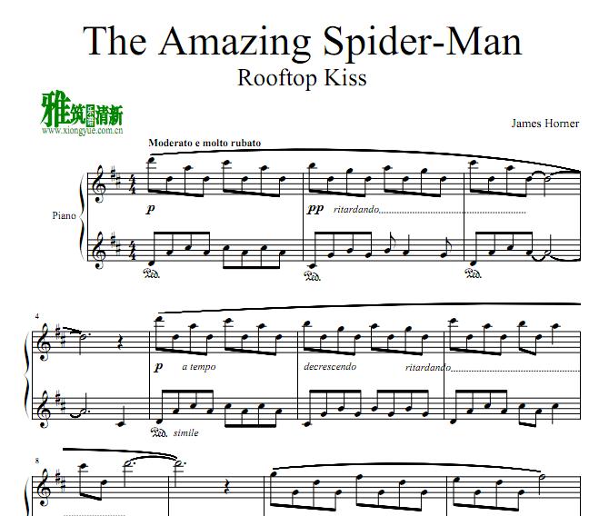 超凡蜘蛛侠The Amazing Spiderman - Rooftop Kiss钢琴谱