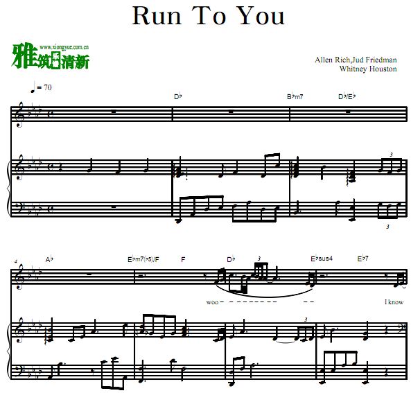 Whitney Houston 惠特妮·休斯顿 - Run to You歌谱 弹唱伴奏钢琴谱