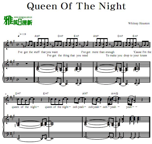 Whitney Houston - Queen Of The Night弹唱伴奏钢琴谱 歌谱