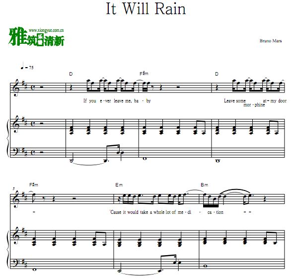 Bruno Mars - It Will Rain伴奏弹唱钢琴谱 歌谱