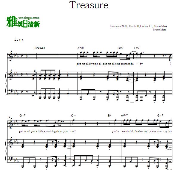 Bruno Mars - Treasure钢琴伴奏谱 歌谱 正谱