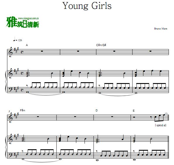 Bruno Mars - Young Girls钢琴弹唱伴奏歌谱