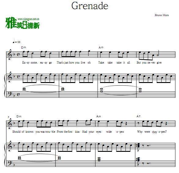 Bruno Mars - Grenade歌谱 正谱 钢琴谱 