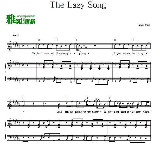 火星歌 The Lazy Song钢琴伴奏弹唱歌谱 正谱