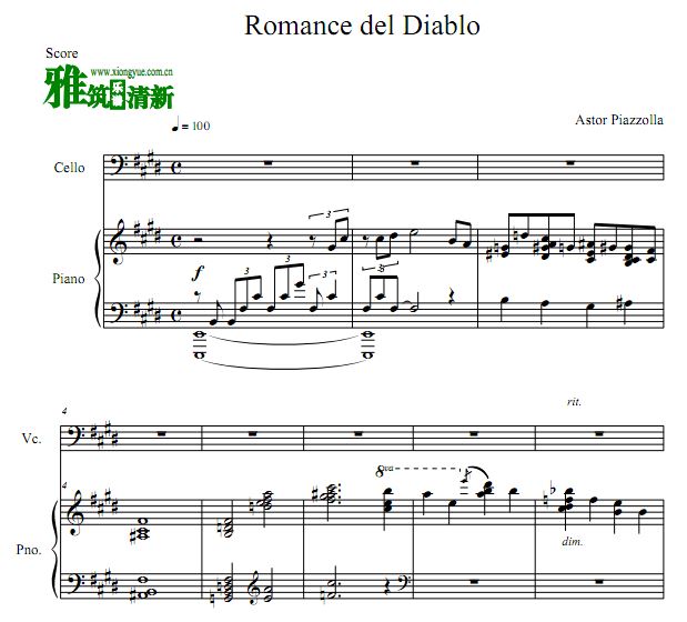 Romance Del Diablo 皮亚佐拉魔鬼的浪漫曲大提琴钢琴伴奏谱
