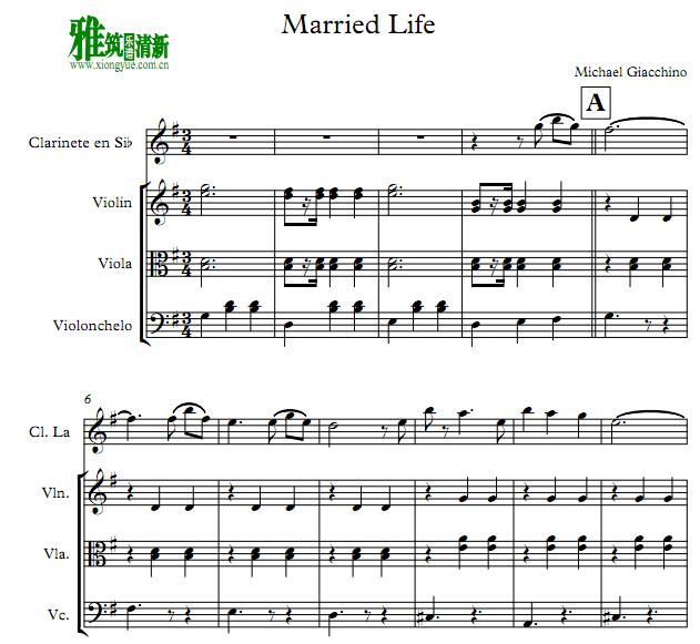 飞屋环游记 Married life单簧管小提琴中提琴大提琴四重奏谱