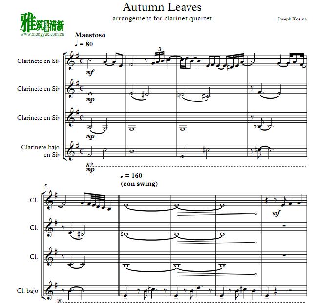 秋叶Autumn Leaves 单簧管四重奏谱