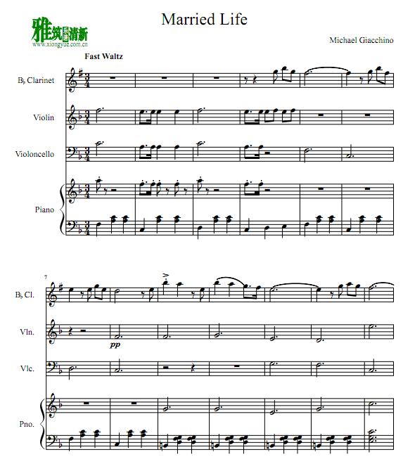 Michael Giacchino 飞屋环游记 Married life 单簧管小提琴大提琴钢琴四重奏谱