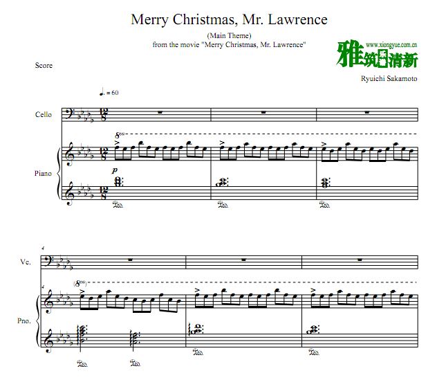 Merry Christmas Mr. Lawrence 圣诞快乐劳伦斯先生大提琴钢琴伴奏谱
