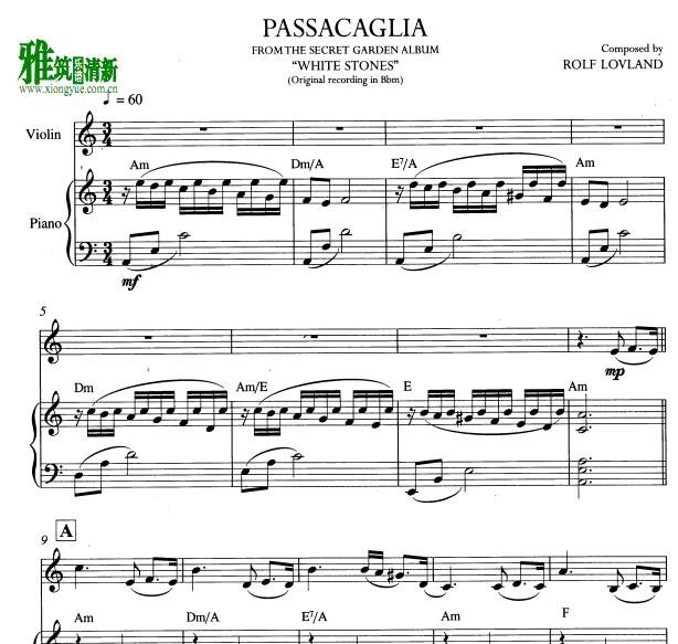 神秘园Secret Garden - Passacaglia小提琴钢琴谱