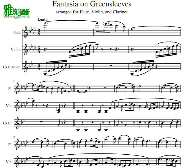 绿袖子幻想曲 Fantasia on Greensleeves 长笛小提琴单簧管三重奏谱