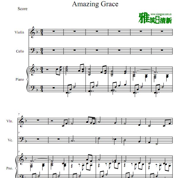 Amazing Grace 奇异恩典小提琴大提琴钢琴三重奏谱