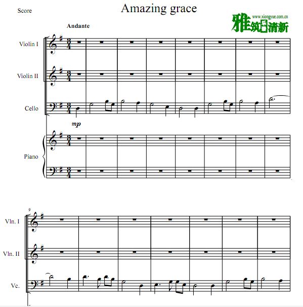 Amazing Grace 奇异恩典双小提琴大提琴钢琴合奏谱