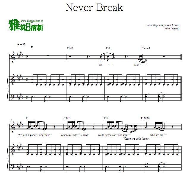 John Legend - Never Break 歌谱 钢琴谱