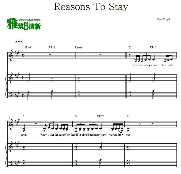 Kate Vogel - Reasons To Stay钢琴弹唱伴奏歌谱 正谱